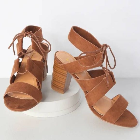 Lulus Shoes - Lulus Jelena Camel Brown Suede Lace Up Chunky Block Heels Size 6